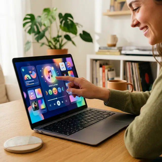 Pessoa sorrindo em frente ao notebook acessando o aplicativo Hosanna Song