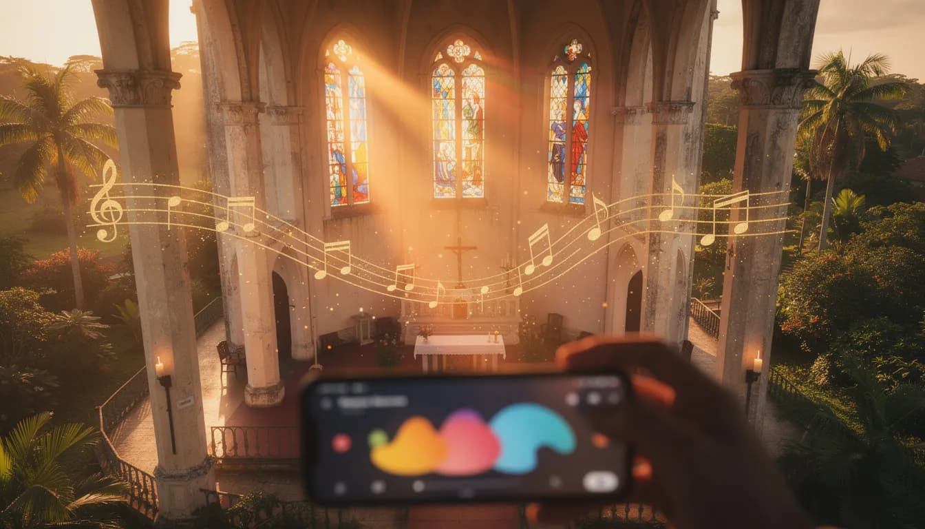 Igreja brasileira com luz dourada e notas musicais flutuando, simbolizando a plataforma Hosanna Song