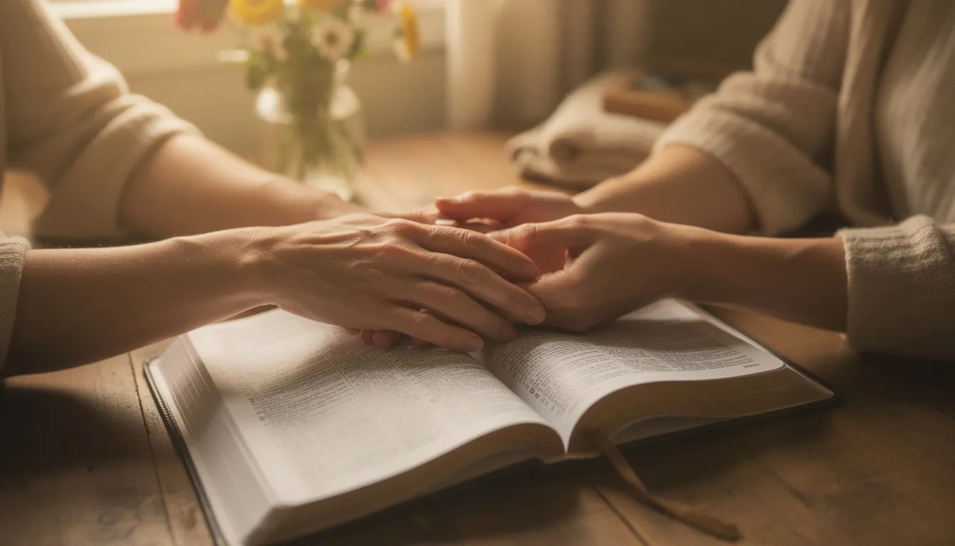 Mãos de mãe e filho sobre uma Bíblia aberta, luz dourada da manhã, momento de fé compartilhada