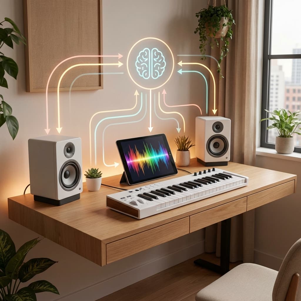 Infográfico simplificado mostrando o processo de criação de uma música: ideia, composição, gravação e entrega