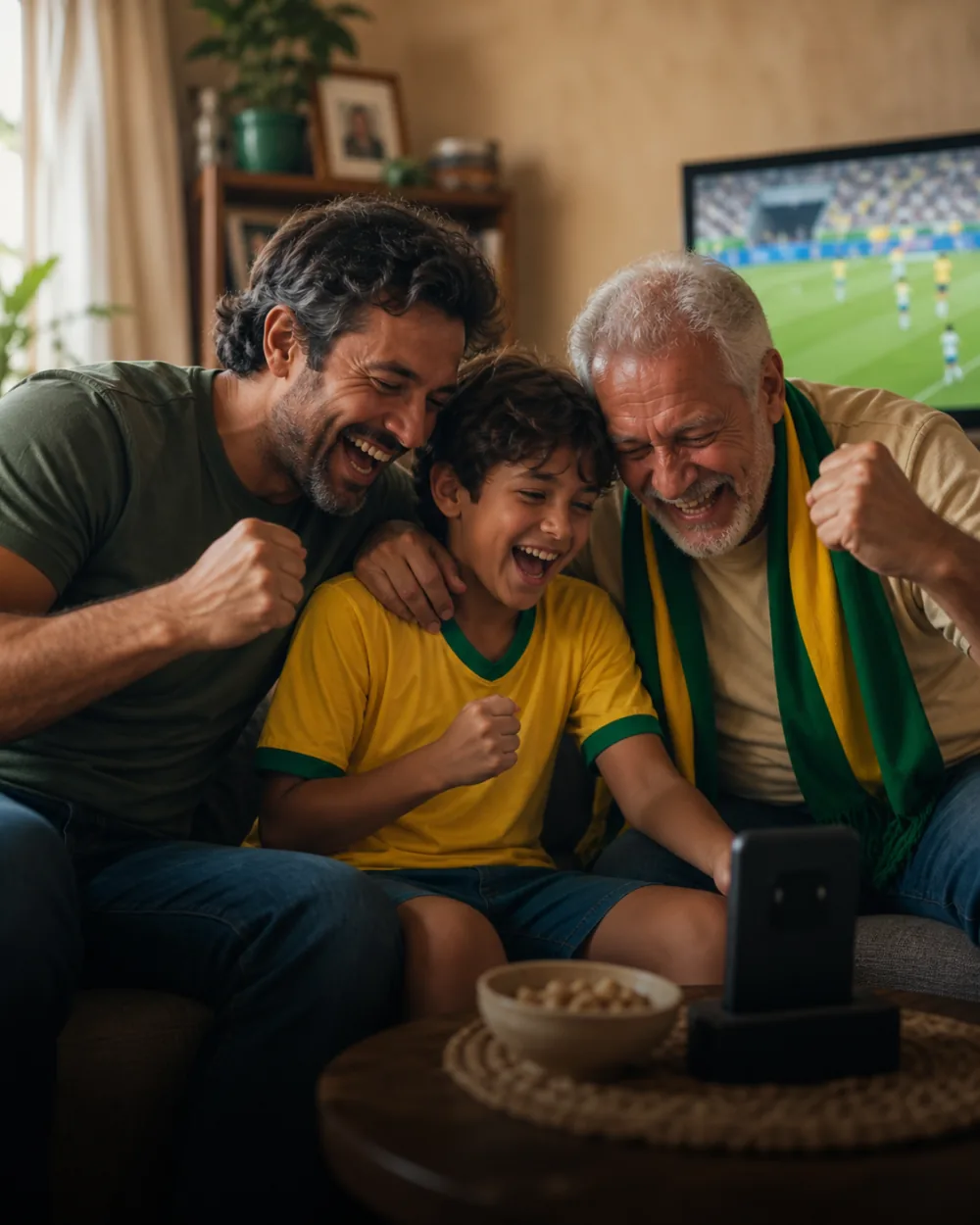 Hijo, padre y abuelo animando juntos durante el Mundial mientras escuchan un himno personalizado en casa