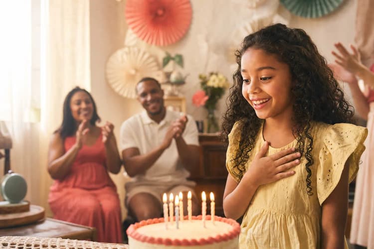 Criança soprando velinha enquanto toca a música personalizada de aniversário