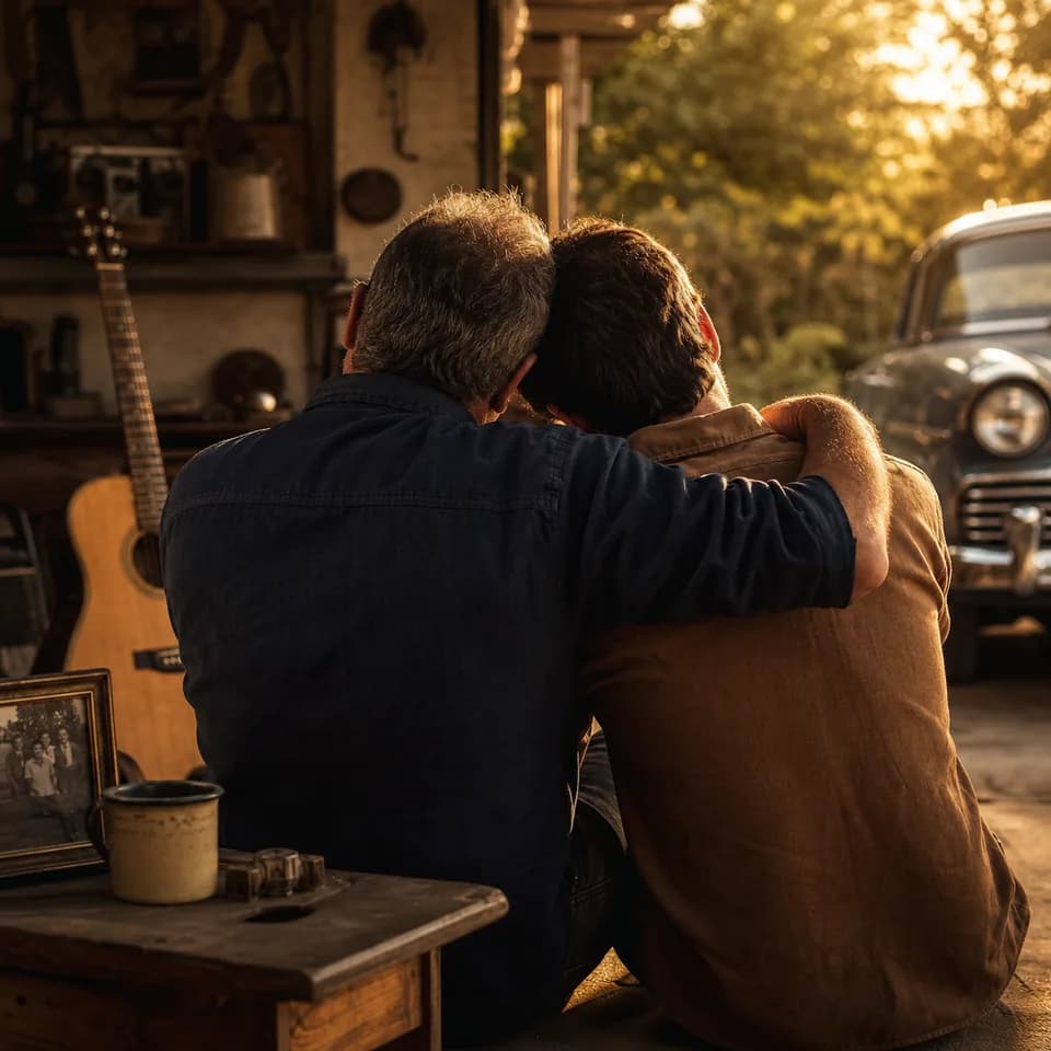 Father and child embracing in a garage with a guitar, custom Father's Day song image