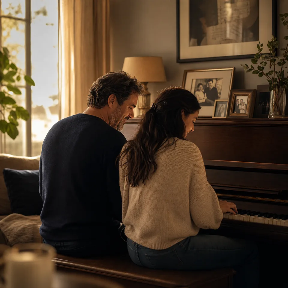 Father and daughter playing piano at home, custom Father's Day song image