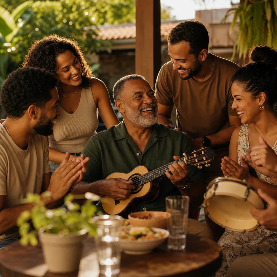 Family gathered around a father playing music on Father's Day