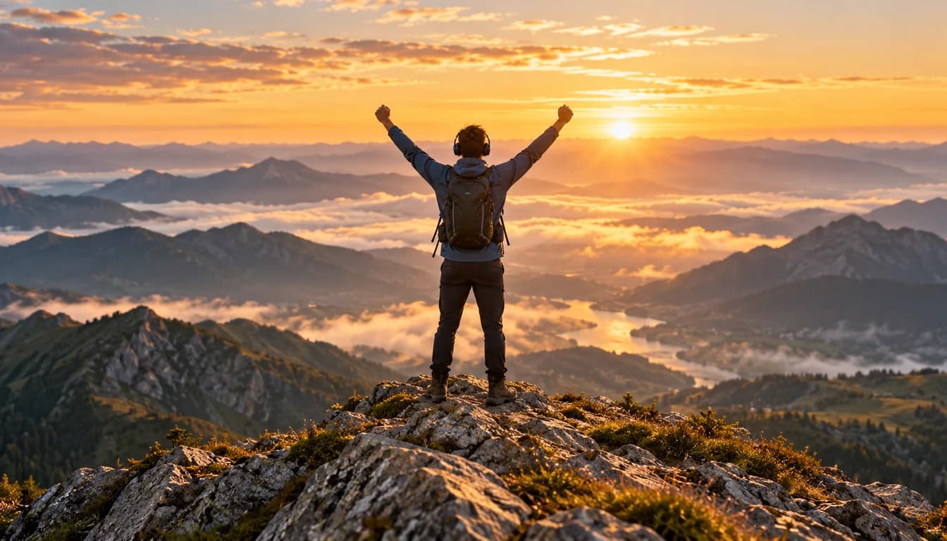 Pessoa no alto de uma trilha ao amanhecer, de fones de ouvido, depois de um esforço longo