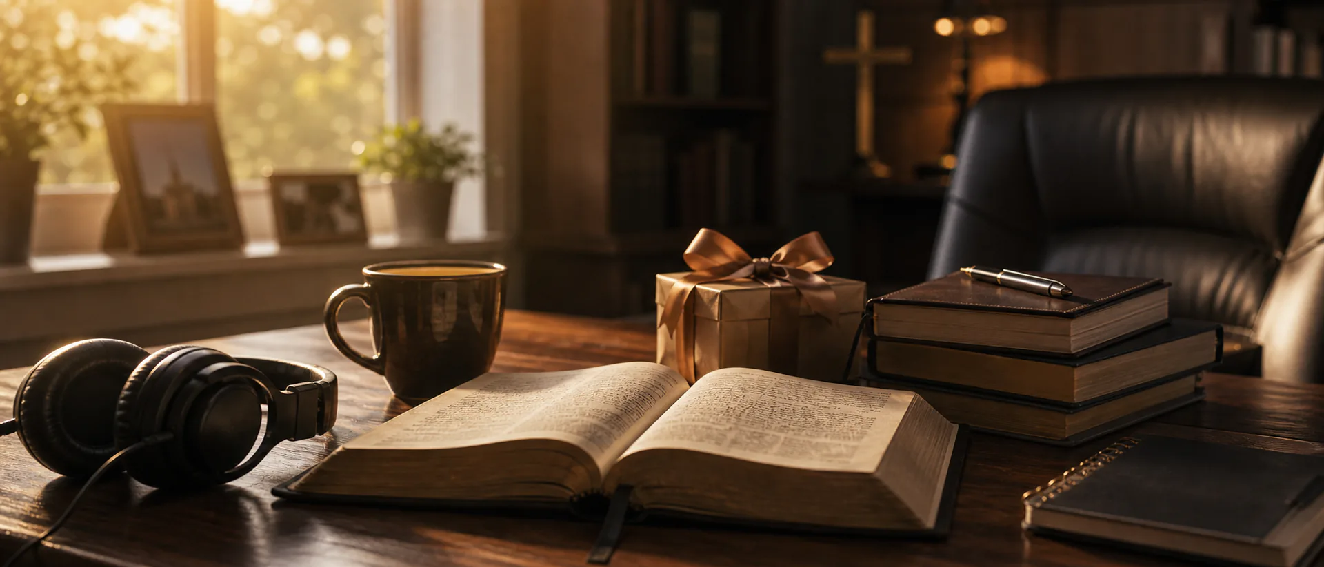 Custom thank you song cover image showing a desk with a handwritten note, a small wrapped gift, headphones, and a coffee mug in warm afternoon light, no readable text.