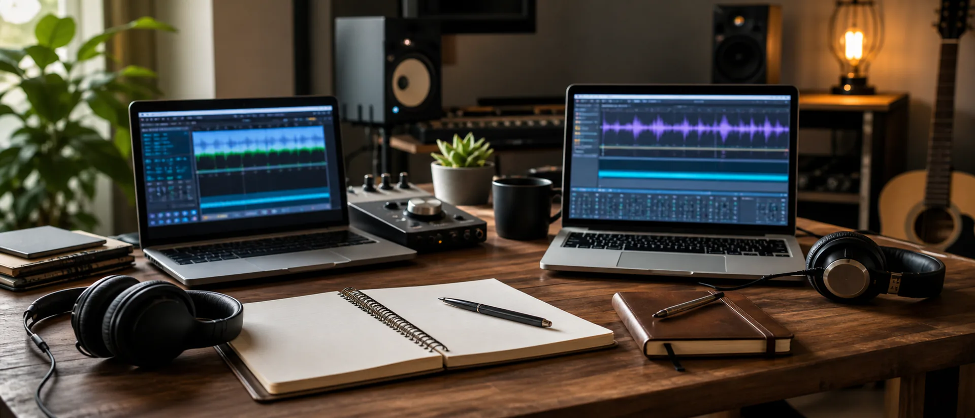 Custom Song Service Comparison Cover Image Comparison desk with two laptops, headphones, a notebook of pricing notes and small studio speakers, no readable website text.