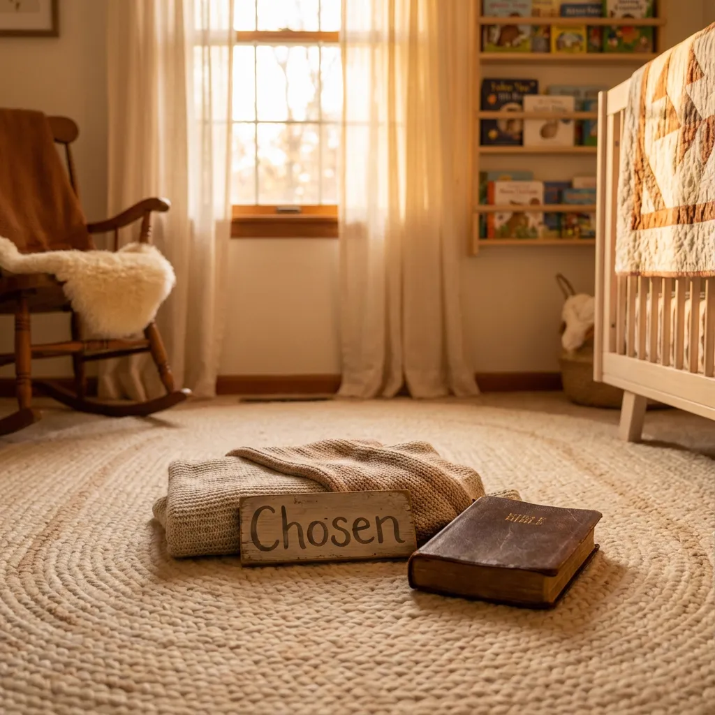 Celebrar una adopción con una canción personalizada Cuarto infantil acogedor con un cartel de madera que dice 'Elegido' junto a un álbum de fotos abierto