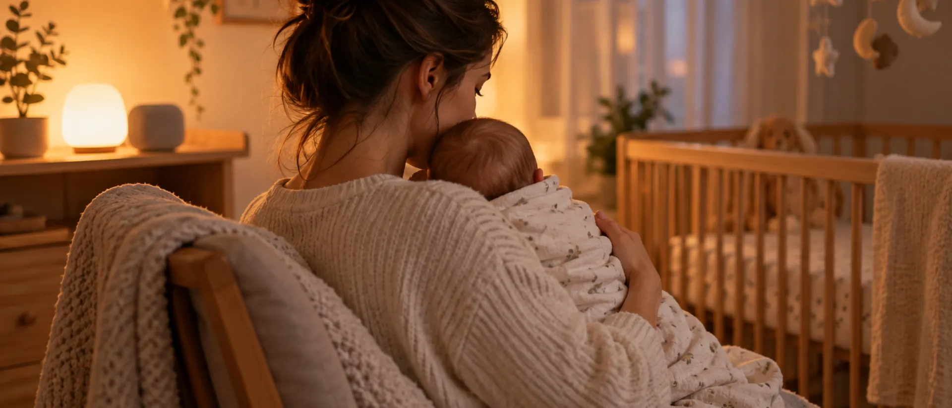 Dans une chambre de bébé à la lumière douce, une mère berce son nourrisson dans un fauteuil, près d'un lit en bois