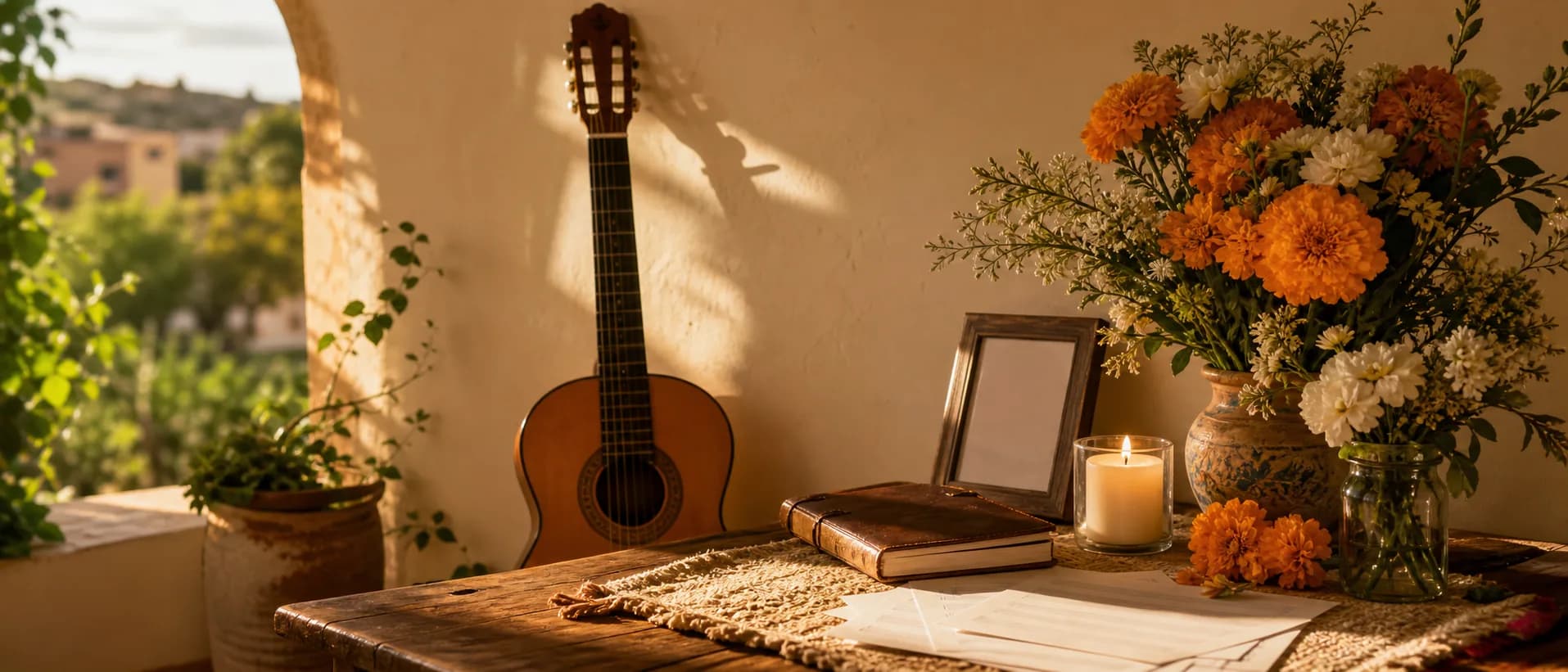 Álbum familiar abierto, guitarra, vela y cuaderno de notas sobre la mesa del salón