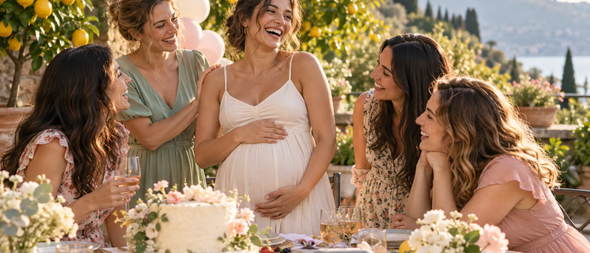 Baby shower in giardino tra limoni e vista sul mare: una donna incinta ride con le amiche accanto a una torta