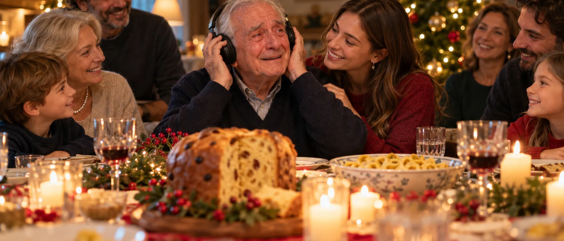 Vigilia di Natale: tre generazioni a tavola con panettone e candele, il nonno ascolta una canzone in cuffia, commosso