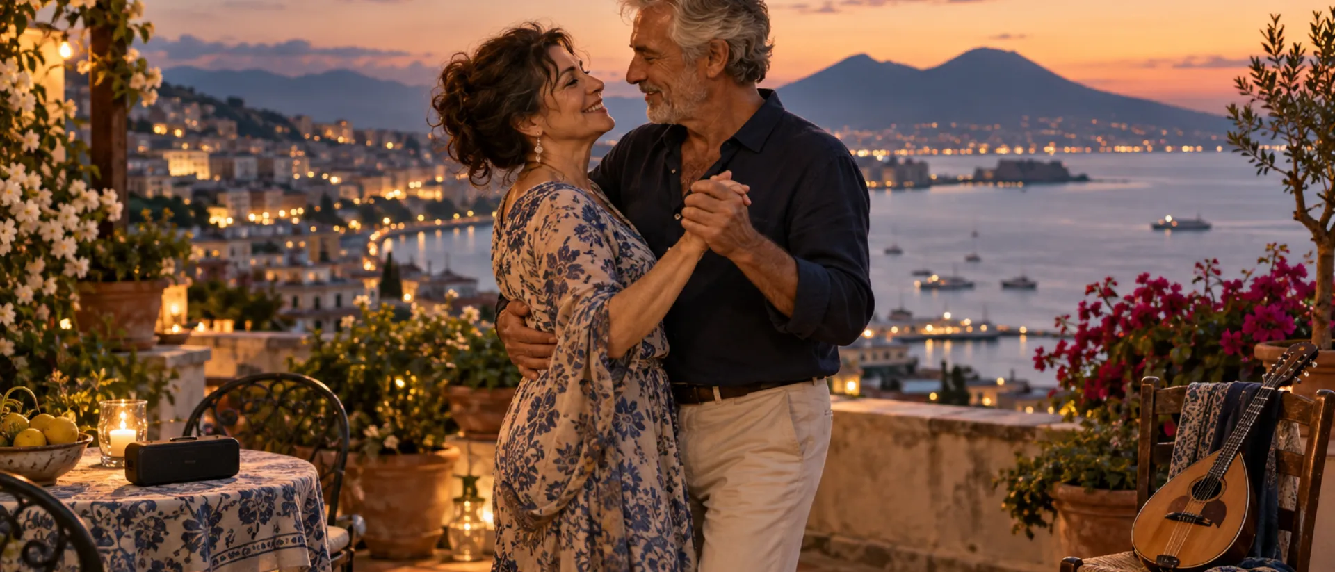 Una coppia sulla sessantina balla su una terrazza al tramonto, con il golfo di Napoli e il Vesuvio sullo sfondo e un mandolino su una sedia