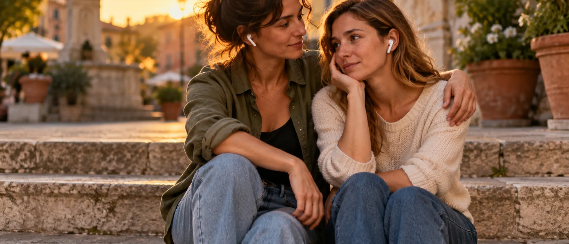 Una canzone per dare coraggio a un'amica Due amiche condividono gli auricolari sui gradini di una piazza, una abbraccia l'altra per consolarla