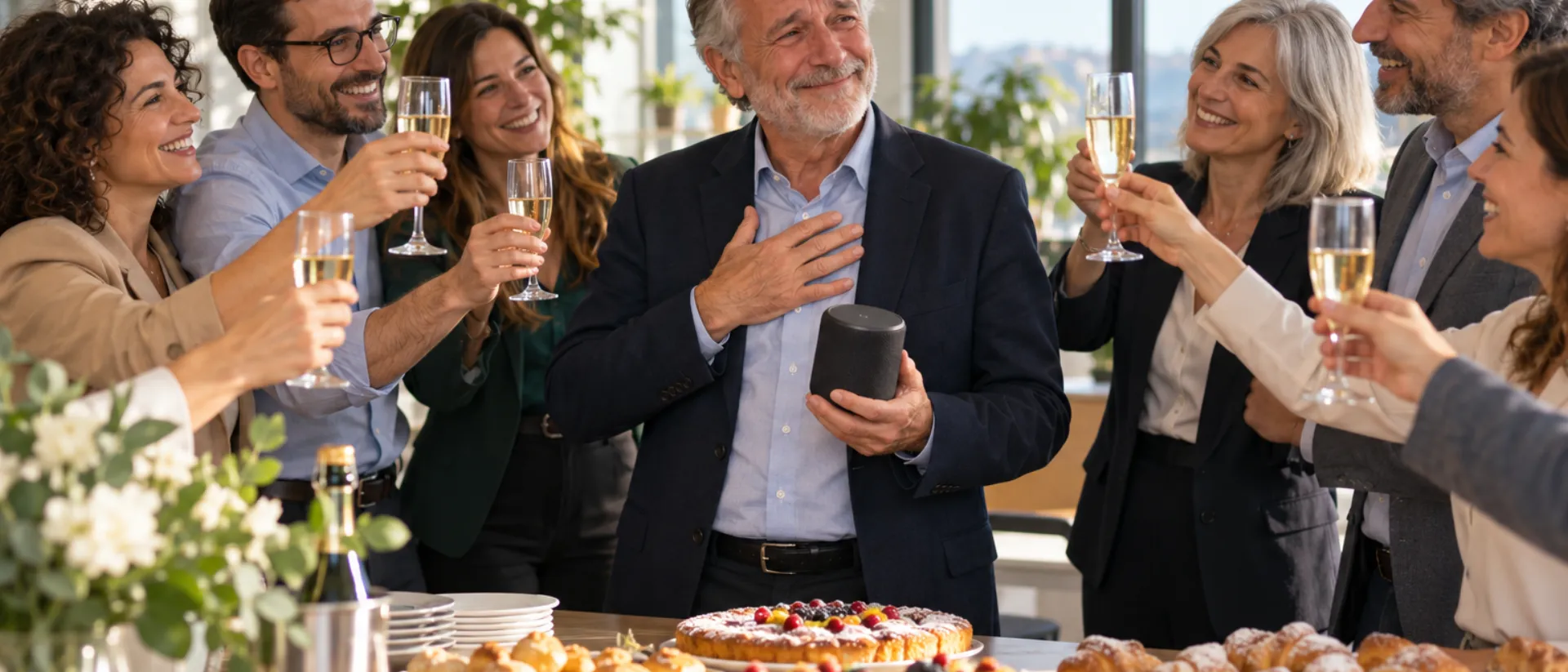 Canzone personalizzata per la pensione di un collega Festa di pensionamento in ufficio: i colleghi brindano con il prosecco a un uomo sulla sessantina, commosso, con una piccola cassa in mano