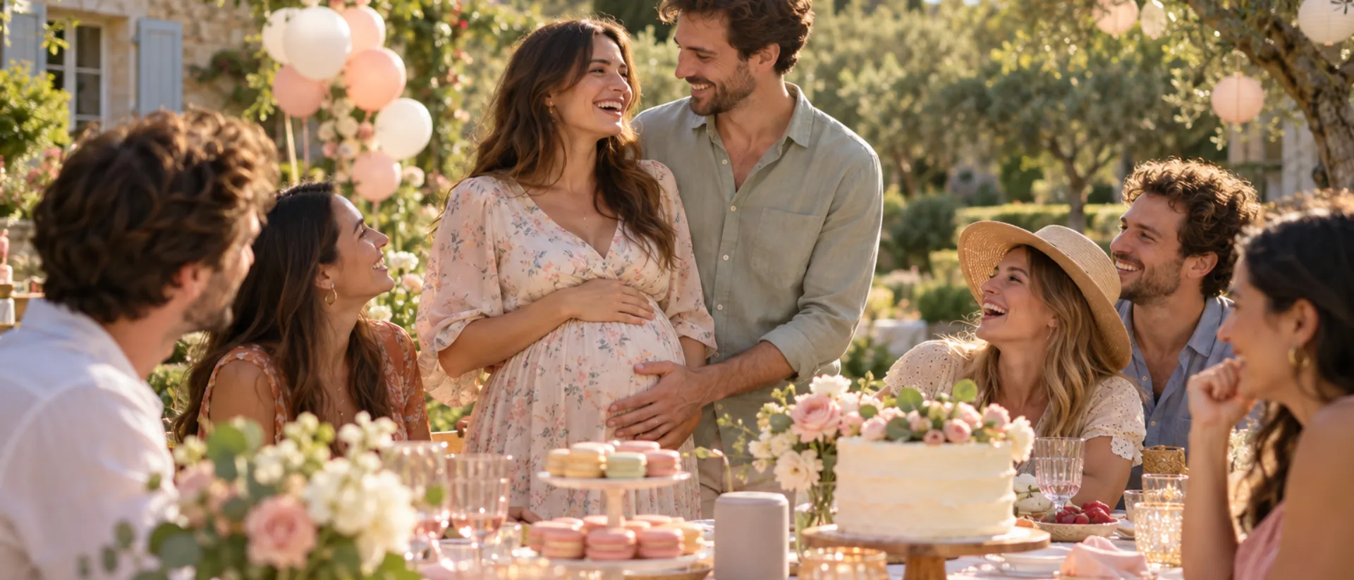 Baby shower au jardin : un couple qui attend un enfant rit avec des amis autour d'une table avec macarons, gâteau et petite enceinte