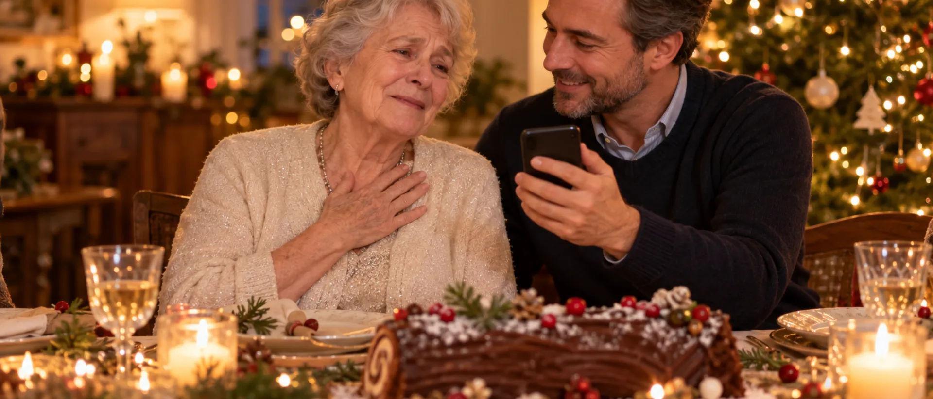 Chanson de Noël personnalisée Au réveillon, une grand-mère pose la main sur son cœur en écoutant la chanson que lui fait entendre son fils, devant une bûche de Noël et des bougies