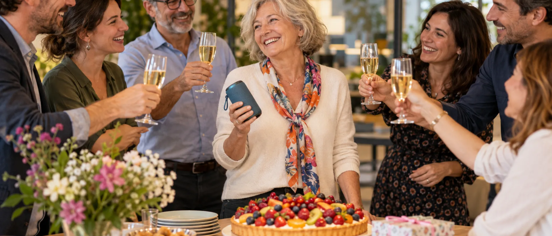 Chanson pour un départ à la retraite Pot de départ au bureau : des collègues lèvent leur coupe pour une femme d'une soixantaine d'années, souriante, une petite enceinte à la main, devant une tarte aux fruits