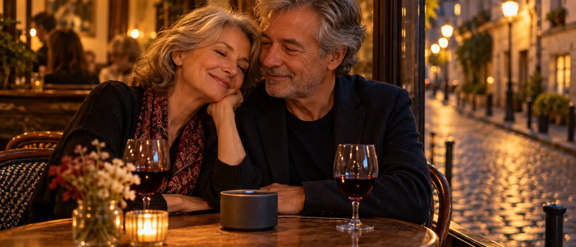 Un couple d'une soixantaine d'années, joue contre joue dans un bistrot parisien, écoute une chanson sur une petite enceinte, deux verres de vin rouge sur la table