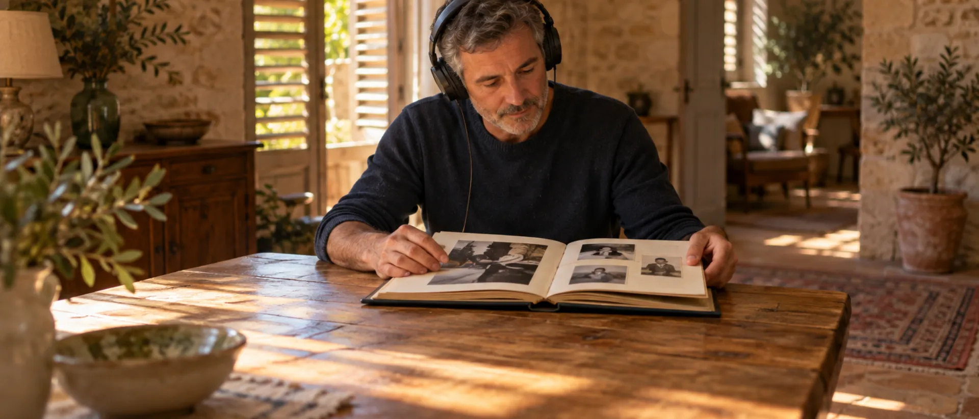 Chanson hommage à un parent décédé Un homme, casque sur les oreilles, feuillette un vieil album photo à une table en bois, dans une maison provençale aux volets entrouverts