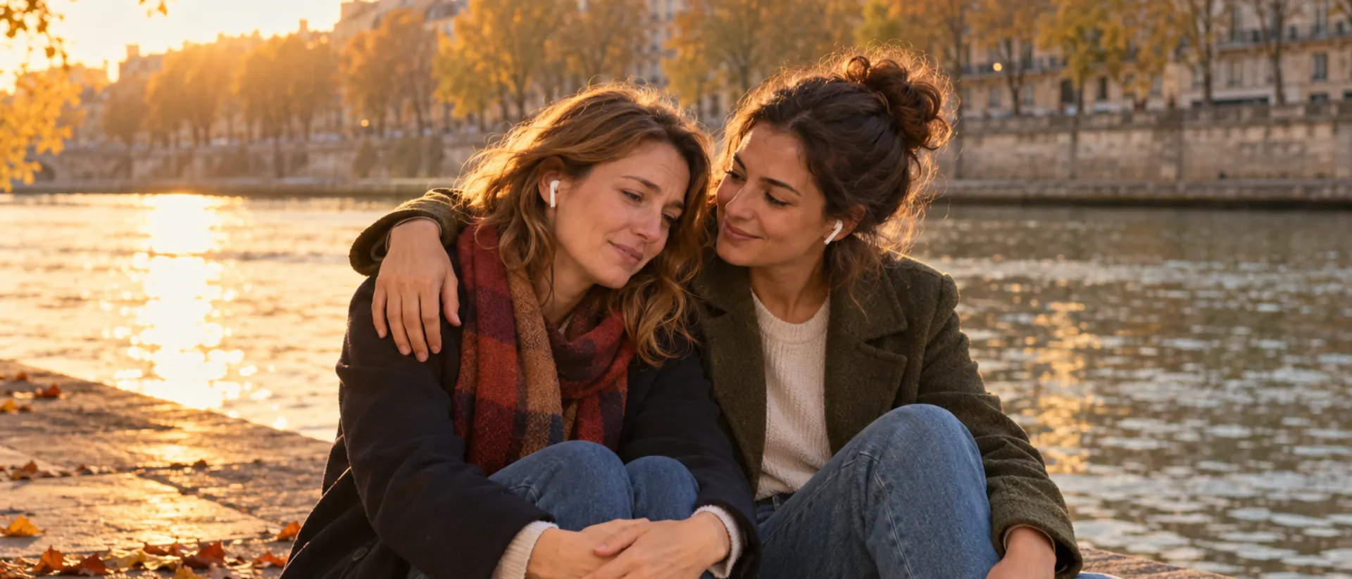Une chanson pour redonner du courage Deux amies partagent des écouteurs sur un quai de la Seine en automne, l'une passe le bras autour des épaules de l'autre pour la réconforter