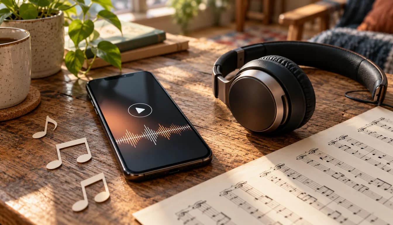 Celular com fones de ouvido sobre mesa de madeira e notas musicais, representando a comparação entre sites de música personalizada
