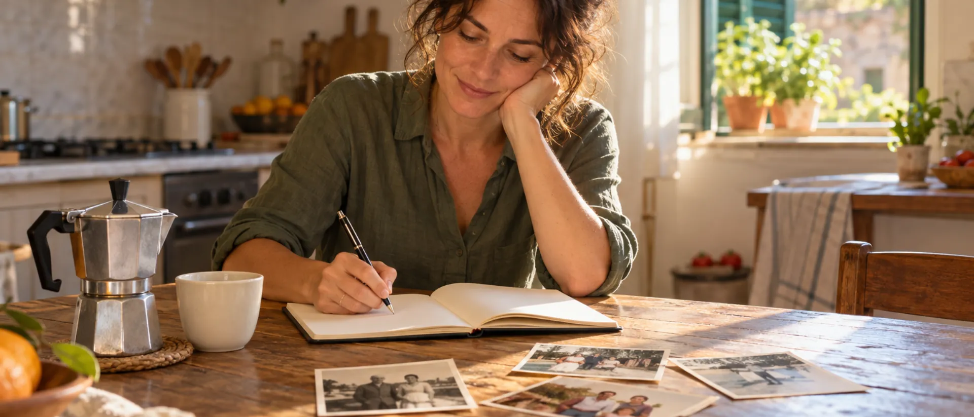 Cosa scrivere per ordinare una canzone personalizzata Una donna scrive su un quaderno al tavolo di una cucina luminosa, con la moka, una tazza e vecchie foto di famiglia