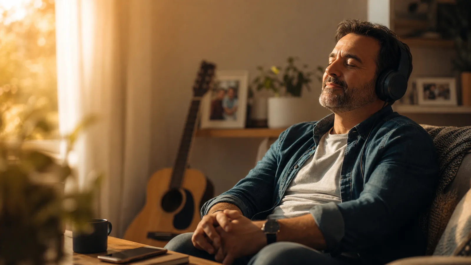 Custom Father's Day Song Cover Image Father wearing headphones in a warm living room, sitting beside a guitar and a shelf of family photos.