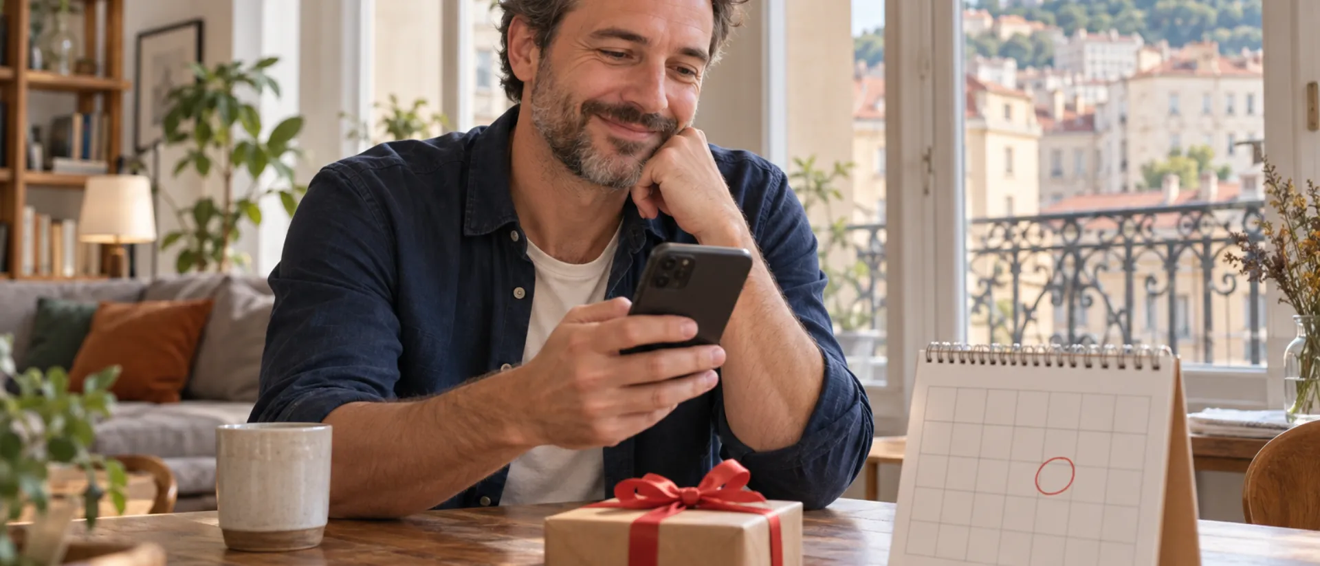 Un homme sourit en regardant son téléphone près d'une fenêtre, à côté d'un petit cadeau au ruban rouge et d'un calendrier avec un jour entouré