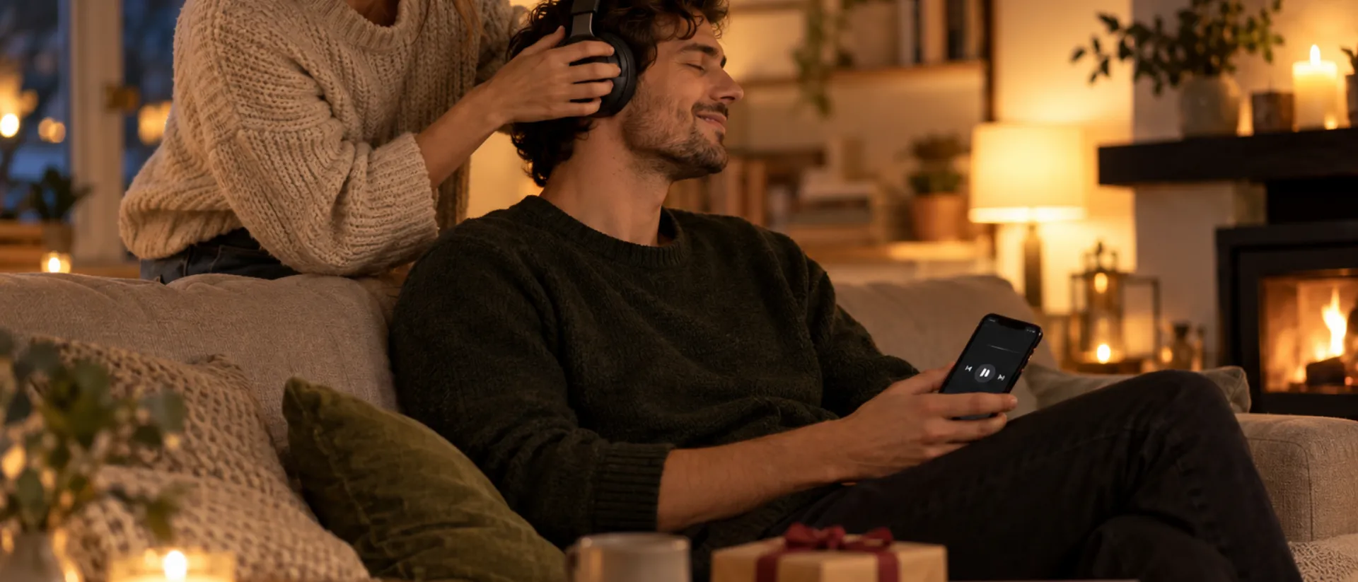 Dans un salon près d'une cheminée, une femme pose un casque audio sur les oreilles de son compagnon qui sourit les yeux fermés, téléphone en main, à côté d'un cadeau emballé