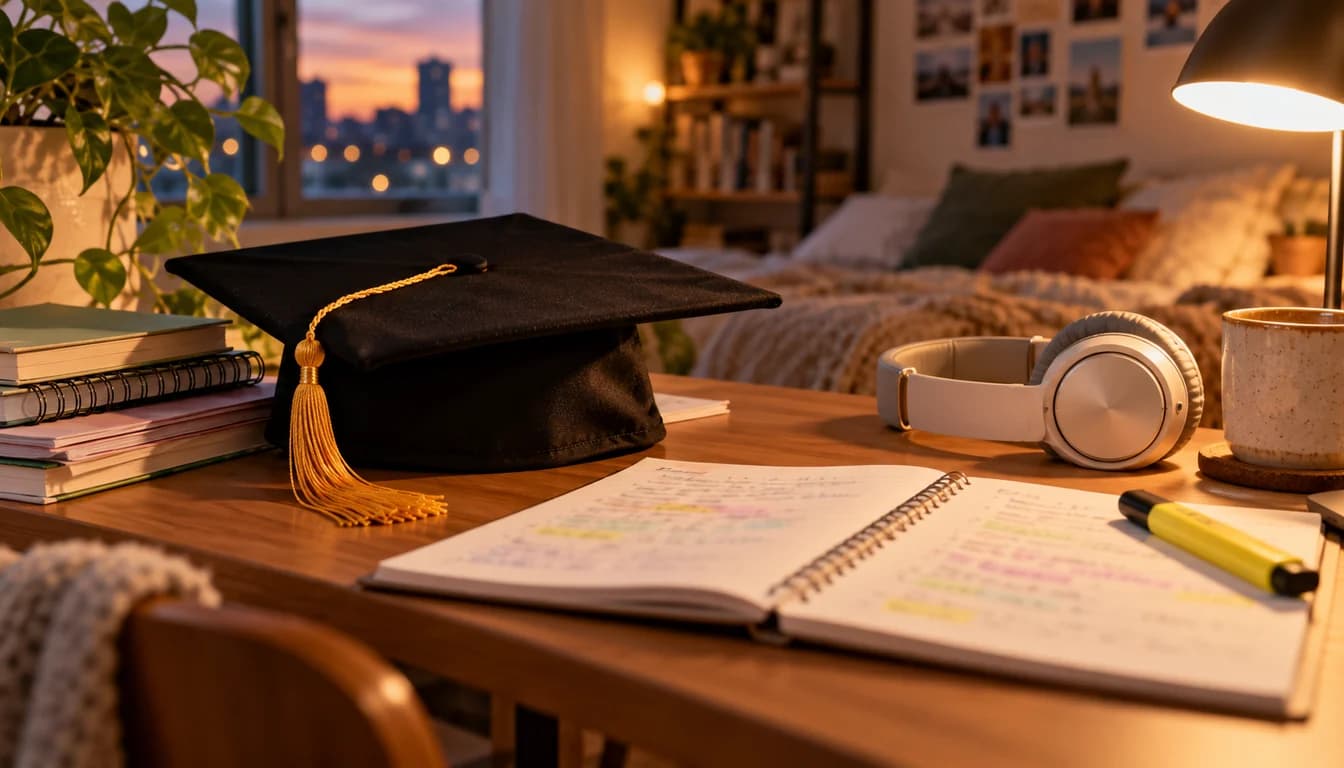 Chanson pour une remise de diplôme Toque de diplômé posée sur un bureau à côté d'un cahier de notes, d'un casque et d'une tasse, ville au coucher du soleil par la fenêtre