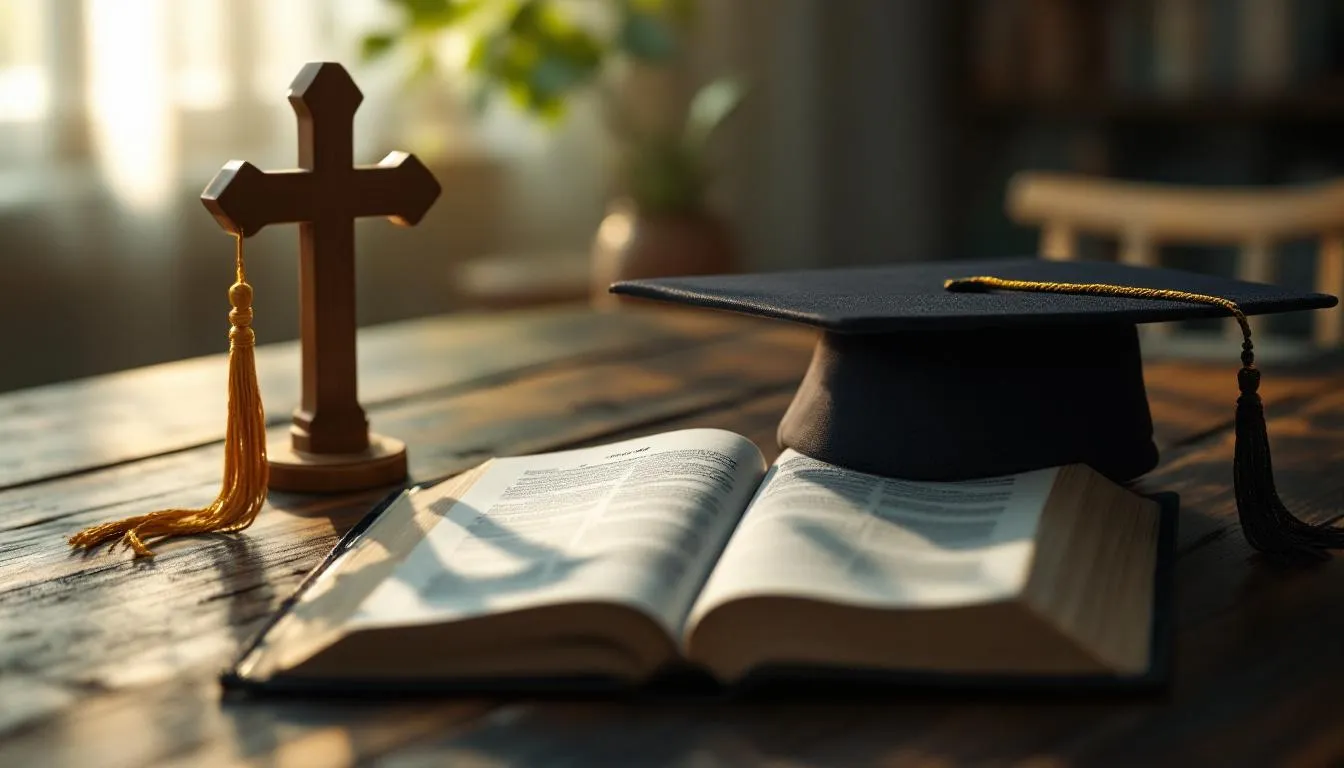 Birrete de graduación, apuntes y unos auriculares sobre un escritorio de estudio