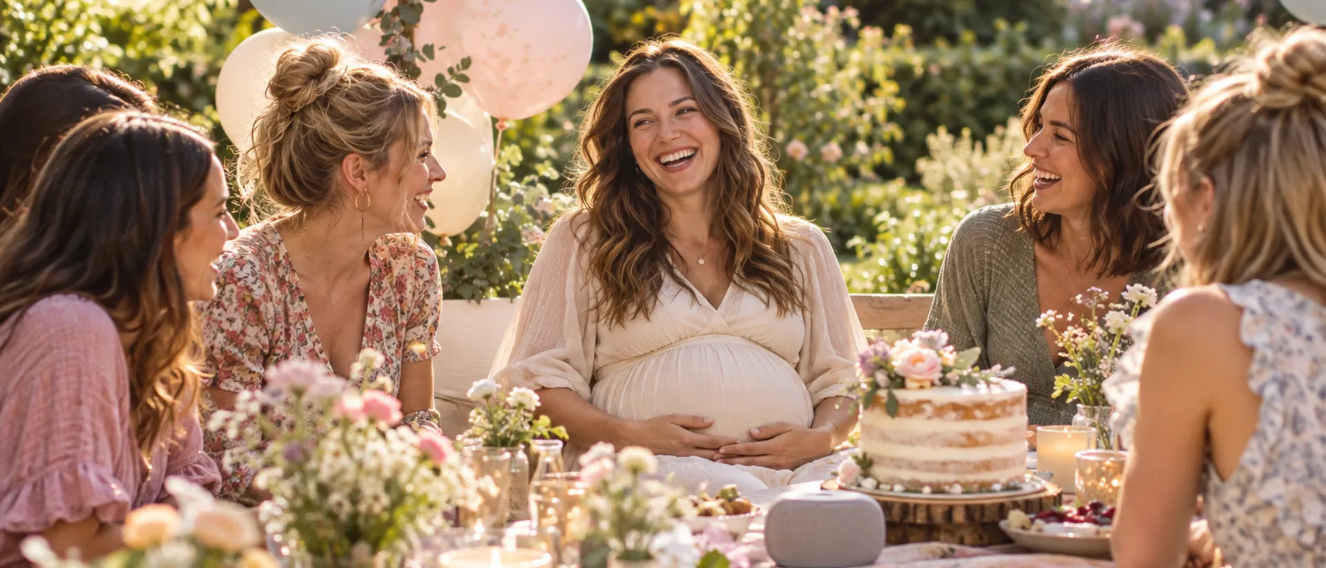 Babyparty im Garten: Eine schwangere Frau lacht mit Freundinnen an einem Tisch mit hellen Luftballons, Torte, Blumen und einem kleinen Lautsprecher