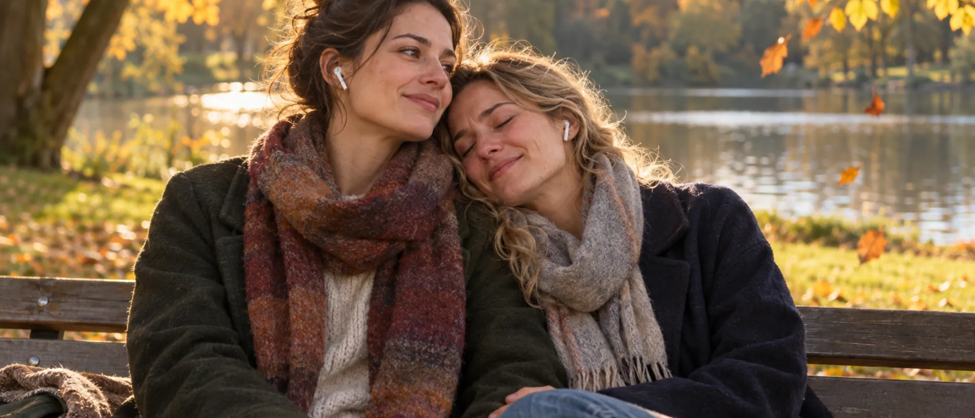 Ein Lied, um Mut zu machen Zwei Freundinnen teilen sich im herbstlichen Park auf einer Bank am See ein Paar Ohrhörer, eine lehnt den Kopf an die Schulter der anderen