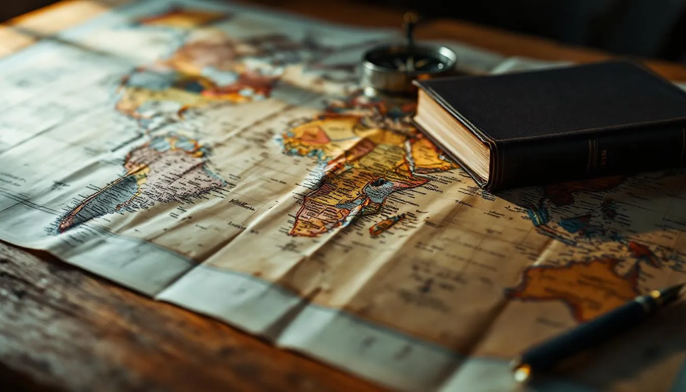 Going Away Gift Song Cover Image A folded world map on a wooden table with a compass, a dark notebook and a pen, ready for a move abroad