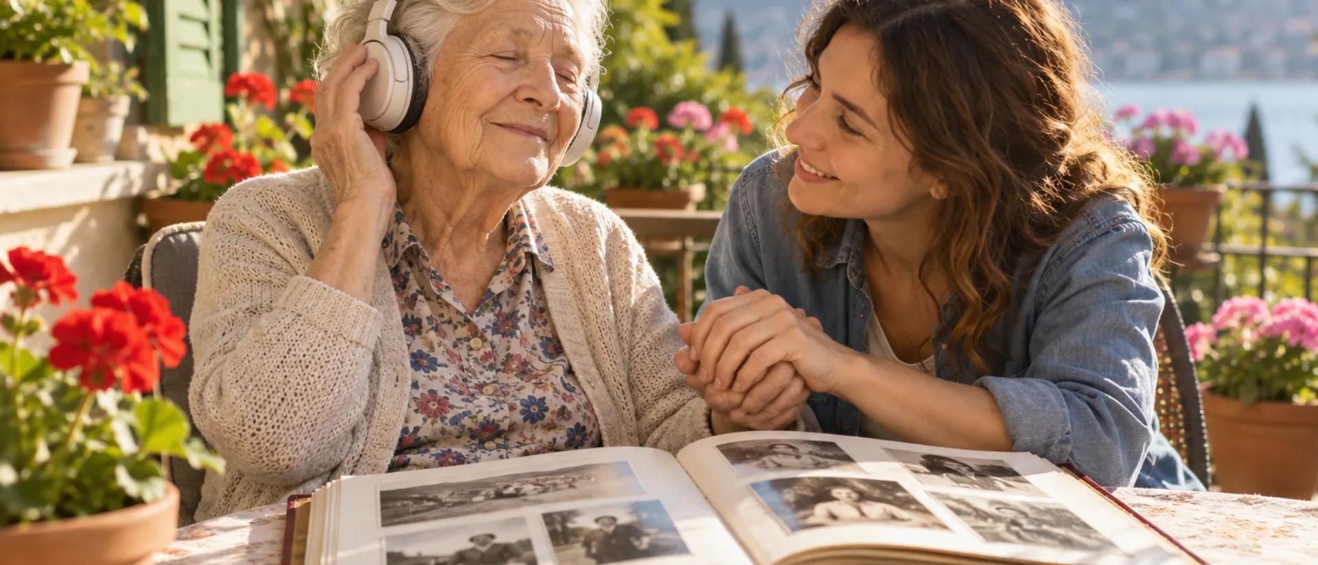 Un'anziana ascolta musica in cuffia sorridendo su una terrazza fiorita, la nipote le tiene la mano accanto a un album di foto