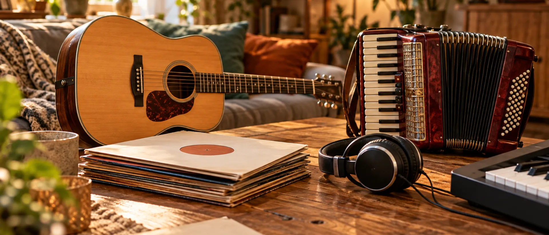 Akustikgitarre, Akkordeon, ein Stapel Schallplatten, Kopfhörer und ein Keyboard auf einem Holztisch im Wohnzimmer