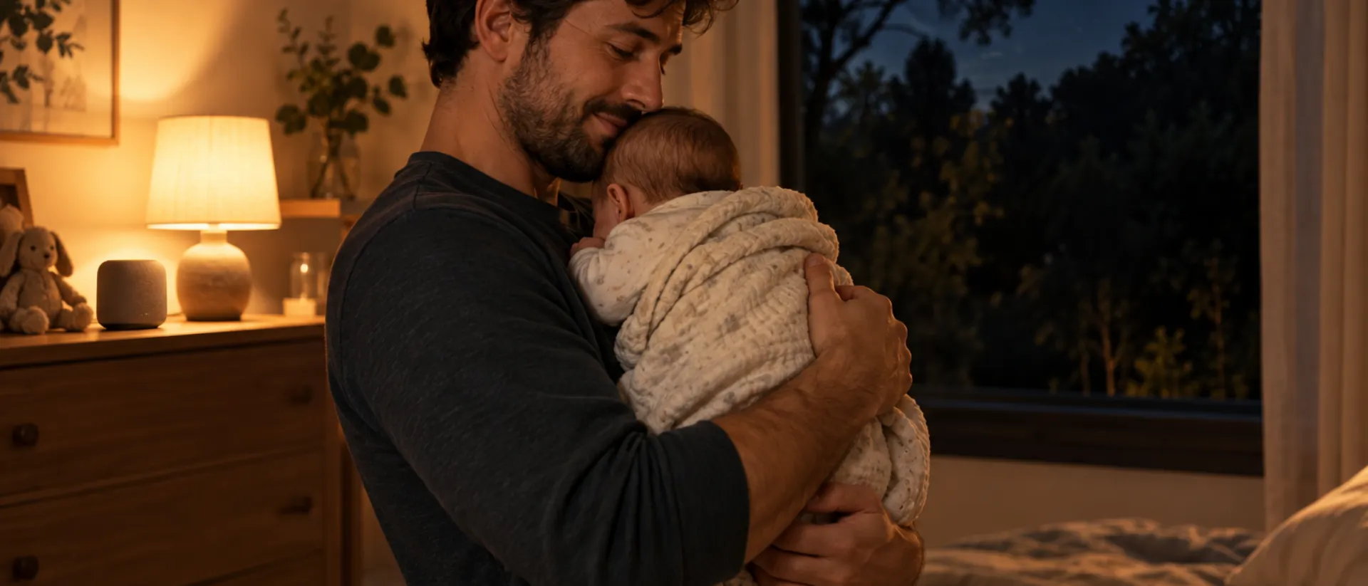Un papà tiene in braccio il suo bambino addormentato avvolto in una copertina, in una camera illuminata da una lampada