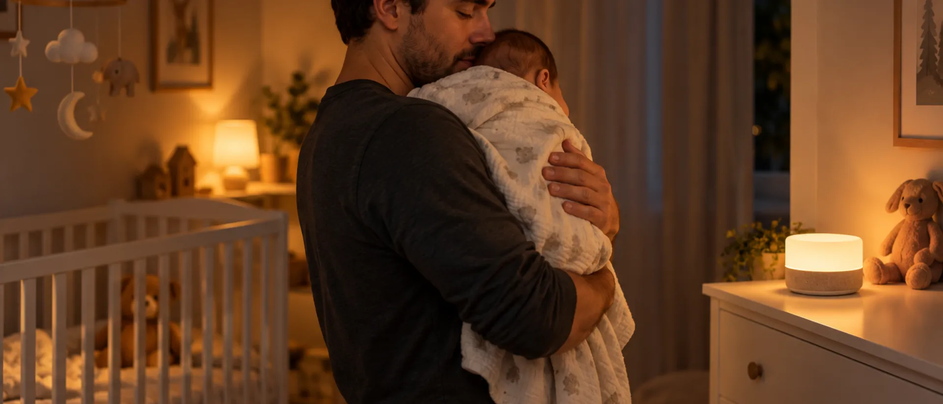 Personalisiertes Schlaflied für das Baby Ein Vater hält im abgedunkelten Kinderzimmer sein schlafendes Baby im Arm, auf der Kommode leuchtet ein kleiner Lautsprecher