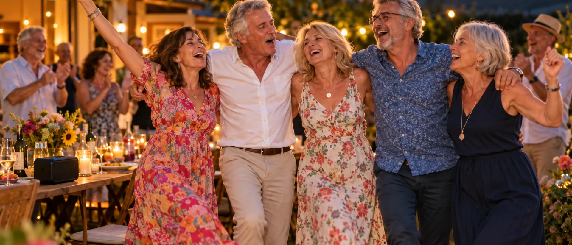 Personalisiertes Schlagerlied für die Feier Gäste um die 60 tanzen bei einer Gartenfeier in der Abenddämmerung eingehakt und singen mit, darüber Lichterketten