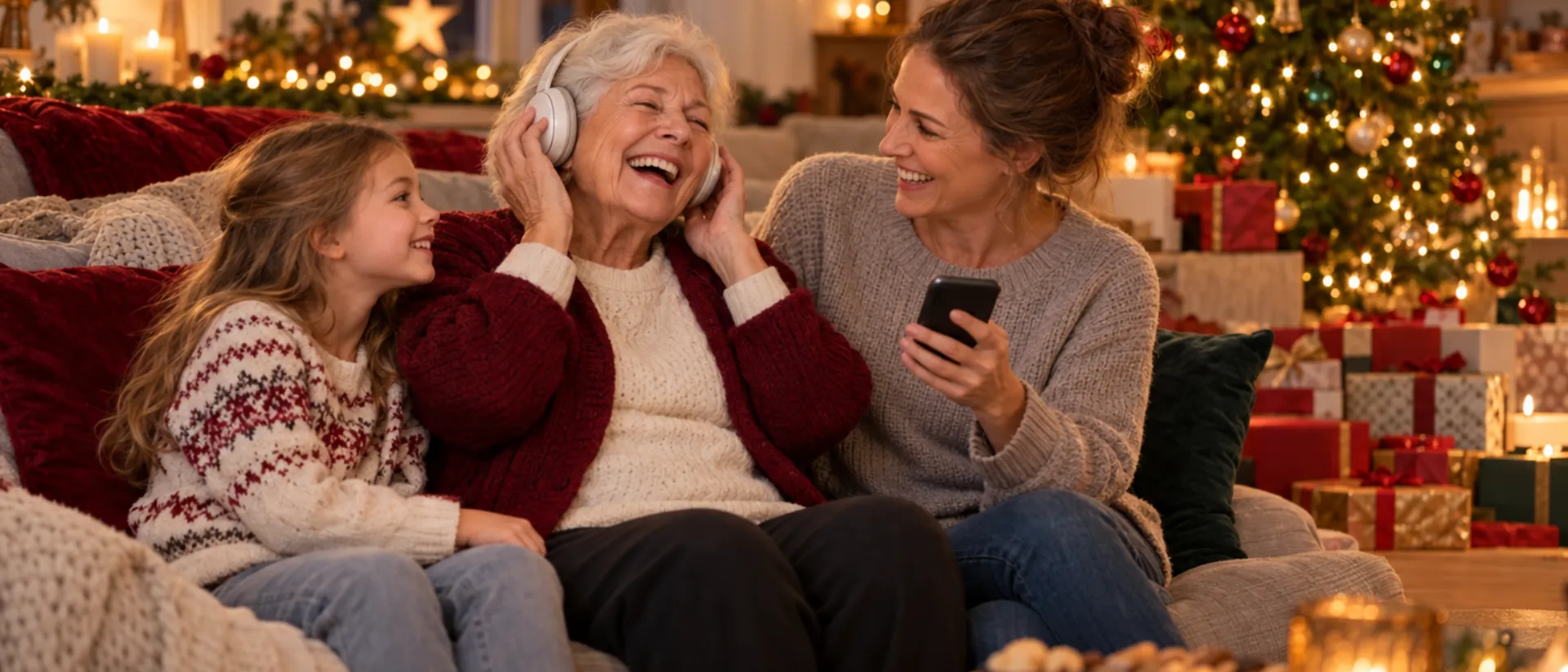 Am Weihnachtsabend hört eine Großmutter lachend ein Lied über Kopfhörer, neben ihr die Enkelin und die Tochter mit dem Handy, dahinter der geschmückte Baum und Geschenke