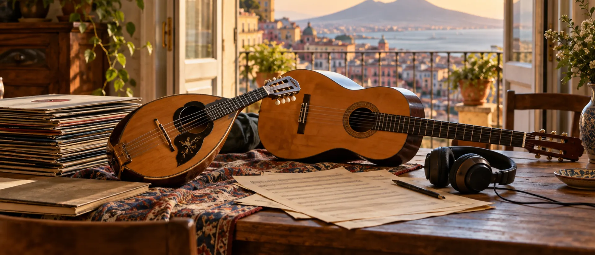 Quale genere musicale scegliere per una canzone personalizzata Mandolino, chitarra acustica, dischi in vinile, cuffie e spartiti su un tavolo, con il golfo di Napoli e il Vesuvio dalla finestra