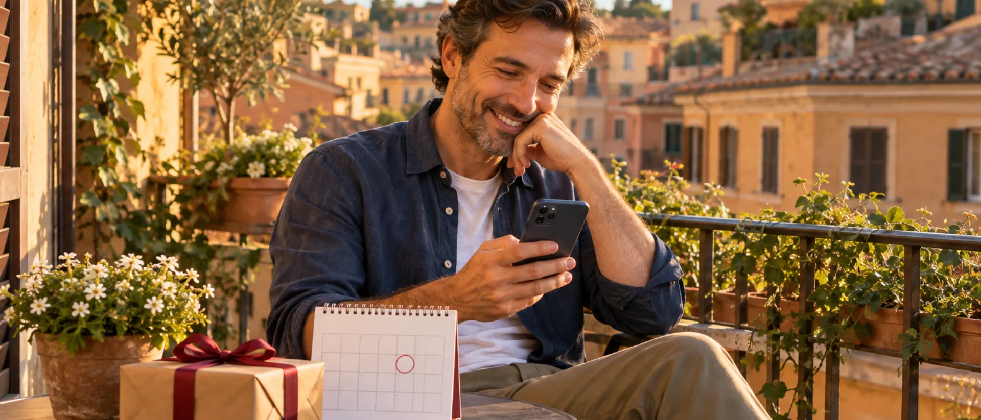 Un uomo sorride al telefono su un balcone romano fiorito, sul tavolino un regalo incartato e un calendario con un giorno cerchiato