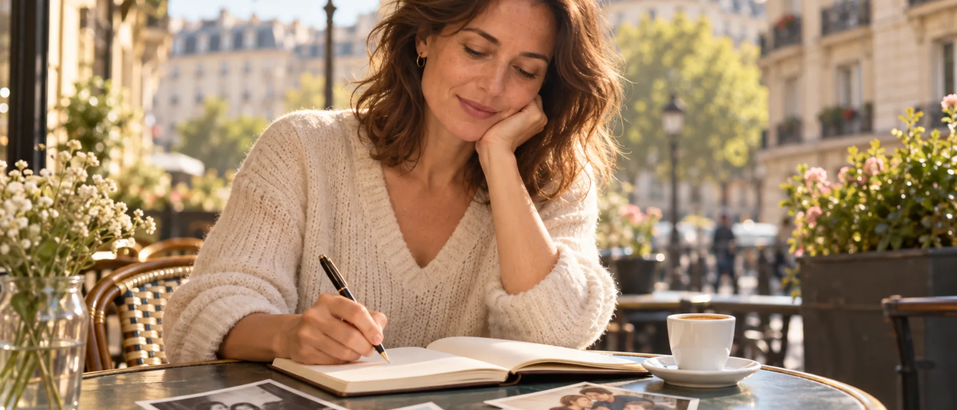 Une femme écrit dans un carnet à la terrasse d'un café parisien, à côté de vieilles photos de famille et d'un expresso