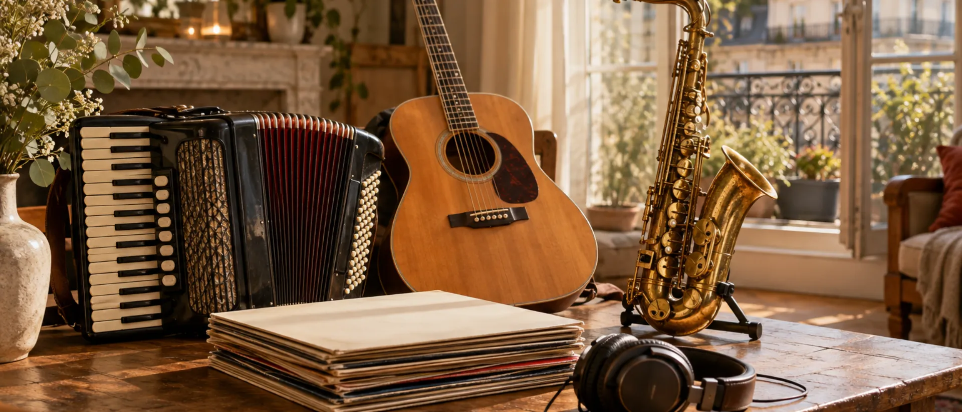 Accordéon, guitare acoustique, saxophone, pile de vinyles et casque près d'une fenêtre d'appartement parisien