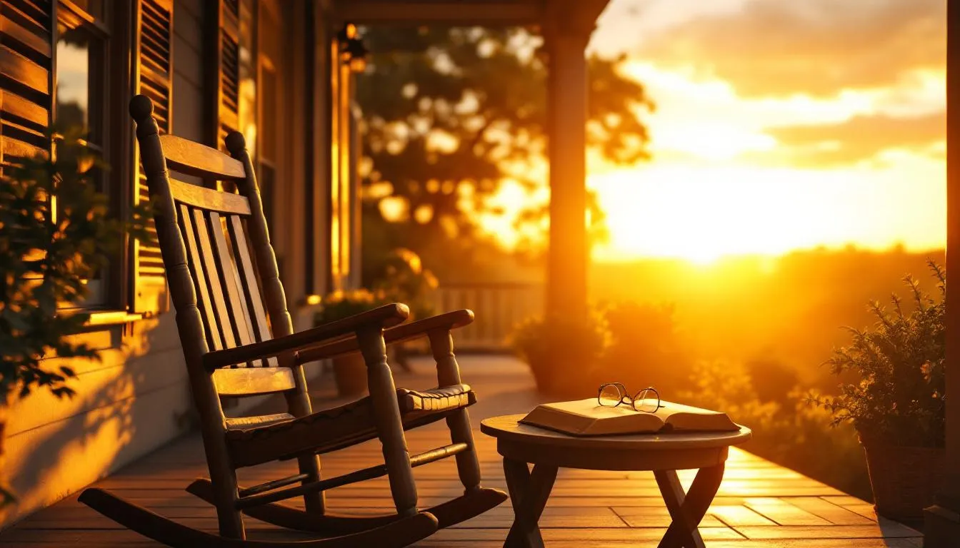 Una mecedora en el porche al atardecer, con un libro abierto y unos anteojos sobre la mesa auxiliar