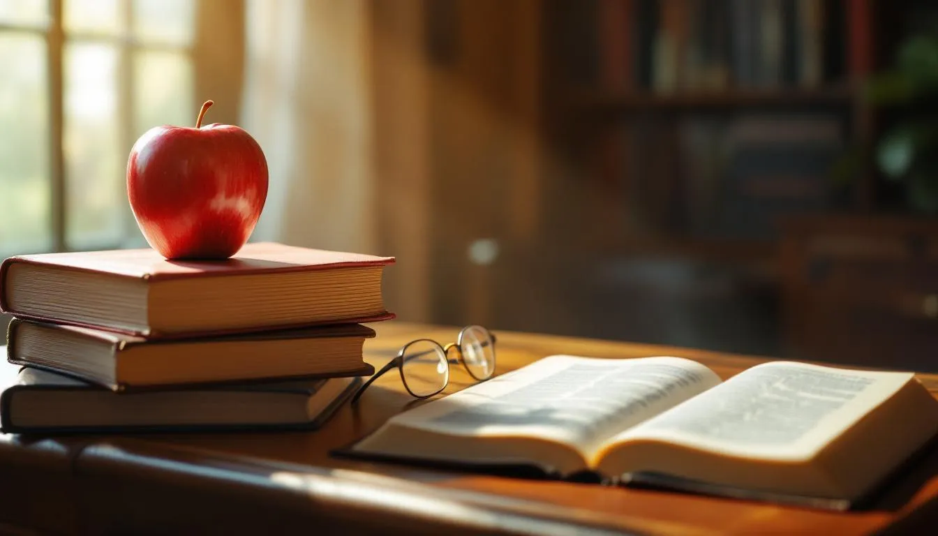 An apple resting on a stack of books beside an open notebook and headphones on a wooden desk