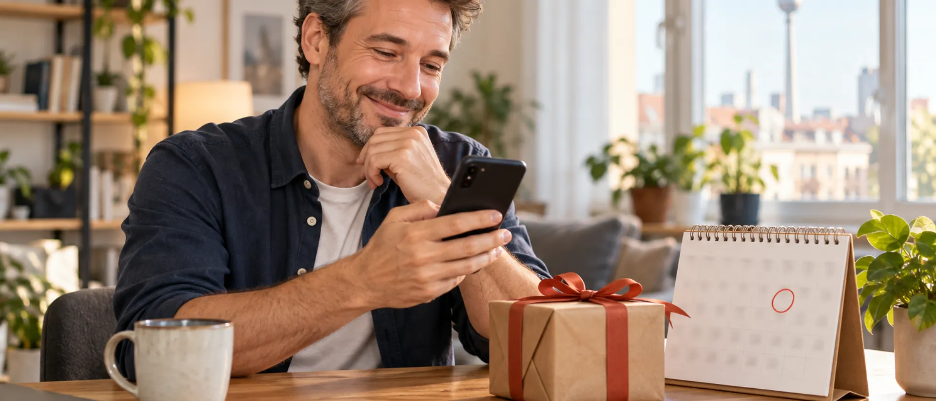Ein Mann lächelt am Schreibtisch auf sein Smartphone, daneben ein Geschenk mit roter Schleife und ein Tischkalender mit einem rot eingekreisten Tag