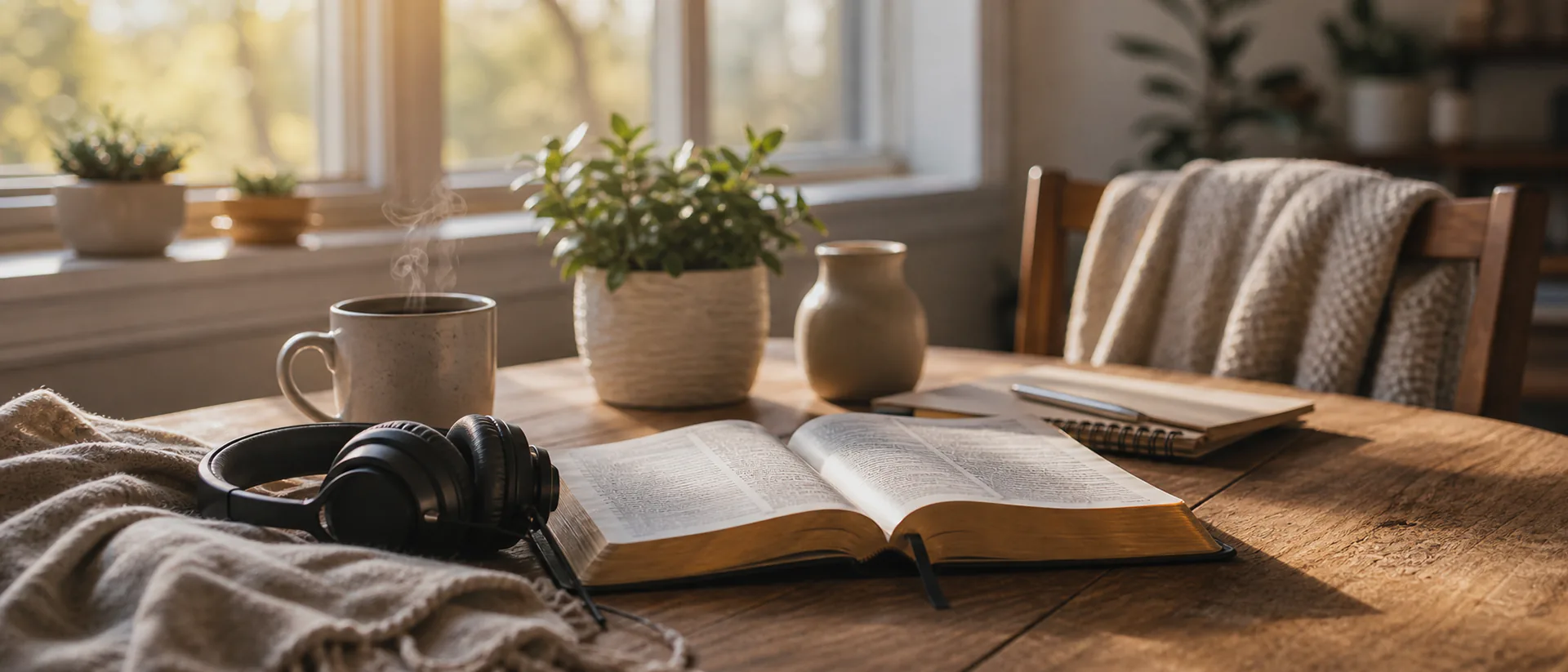 Custom Song for a Caregiver Cover Image Quiet kitchen table at home with a cup of tea, headphones, a notebook and warm light coming through a window, no people visible